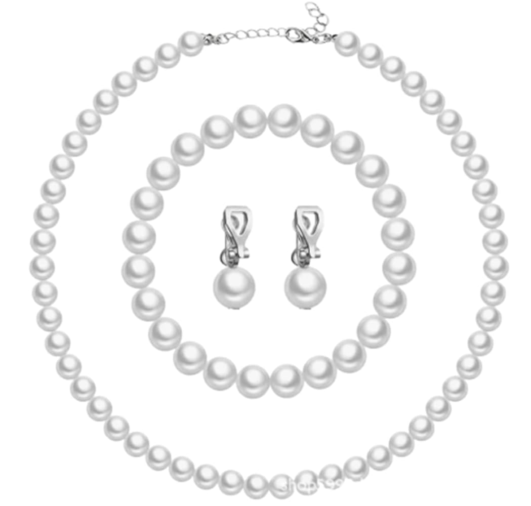 tenghong2021 Fashion Classic Faux Pearl Jewelry Set Necklace Bracelet Earrings for Women Best Gift (White clip)
