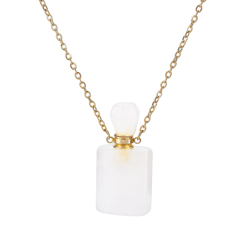 PH PandaHall Stone Essential Oil Necklace, Natural Quartz Crystal Perfume Bottle Necklace Rectangle Clear Crystal Vial Necklaces with Golden Chain for Women Jewelry, 1 Piece