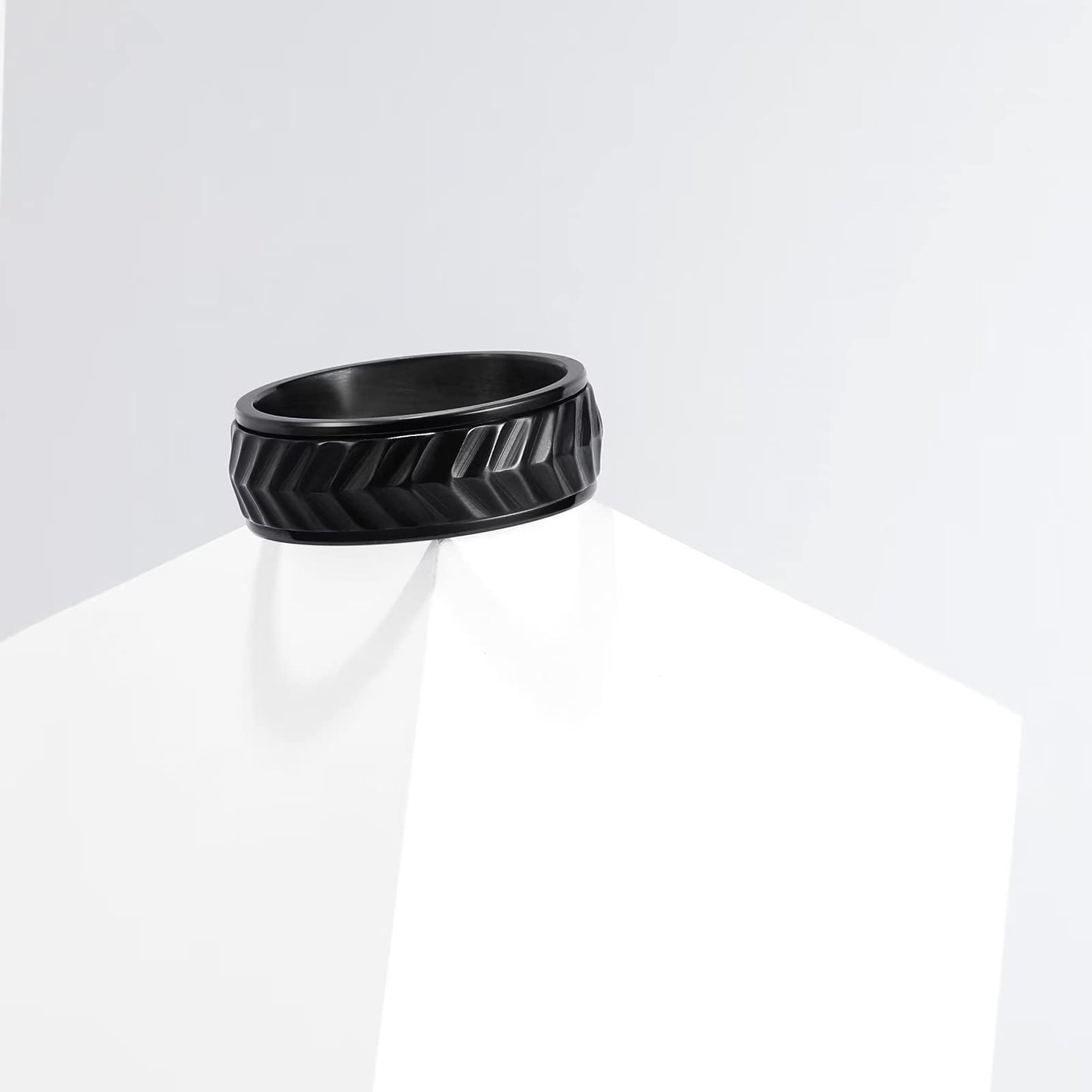 King Will Mens Black 8mm Spinner Rings Tire Stripe Groove Stainless Steel Anxiety Fidget Ring for Men 7