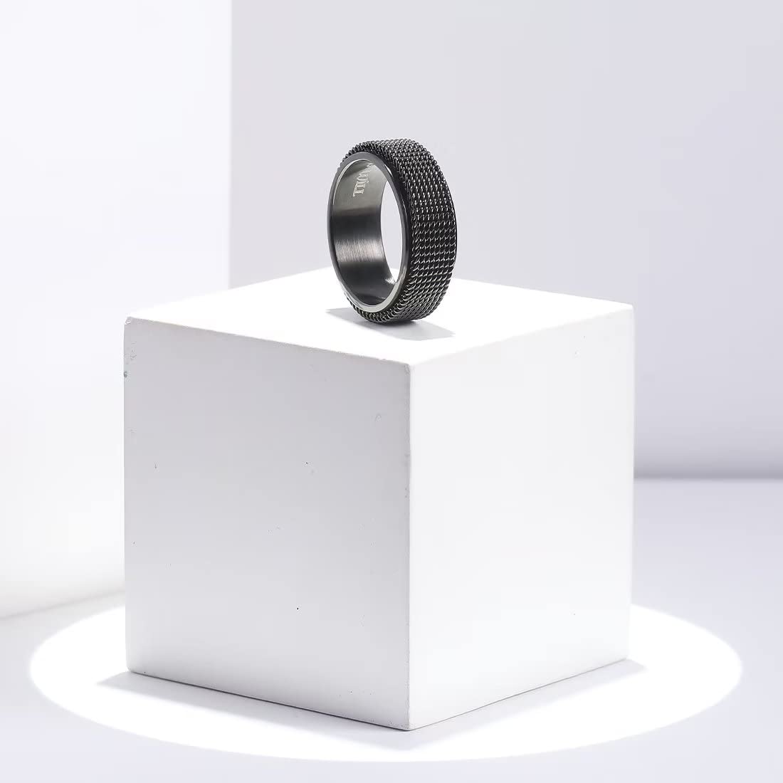 King Will Black 8mm Stainless Steel Chain Mesh Simple Plain Spinner Anxiety Ring for Women Men Wedding Band Ring Fidget Ring Mesh Chain Woven Mesh 12