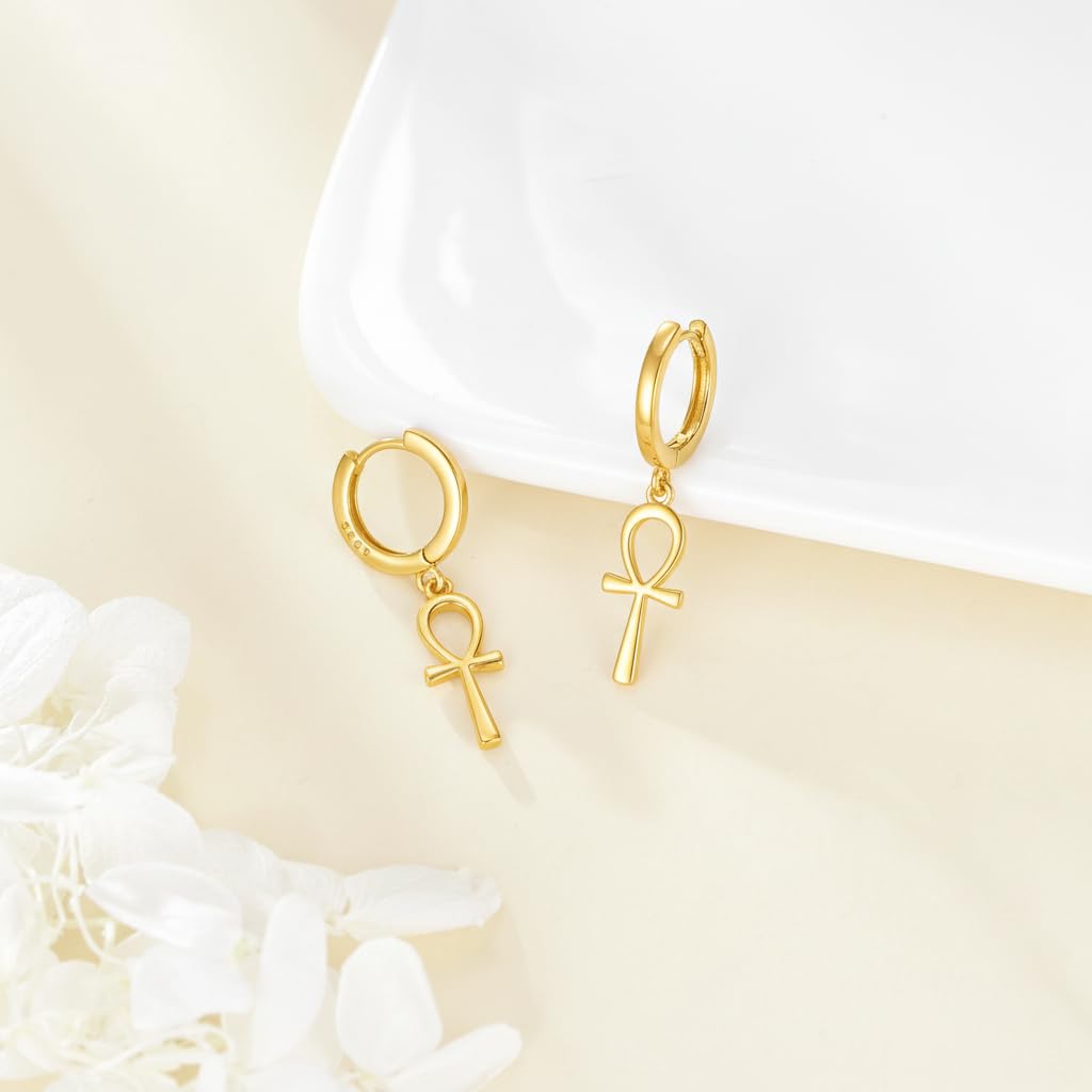 POPLYKE 18k Gold Plated Ankh Hoop Earrings for Women 925 Sterling Silver Egyptian Cross Dangle Earrings Ankh Jewelry Gifts