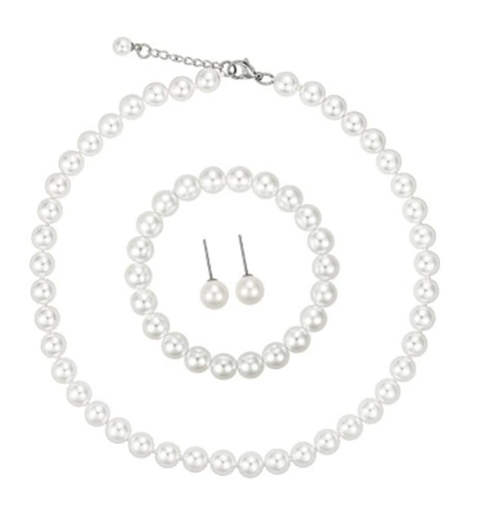 tenghong2021 Fashion Classic Faux Pearl Jewelry Set Necklace Bracelet Earrings for Women Best Gift (White Stud)