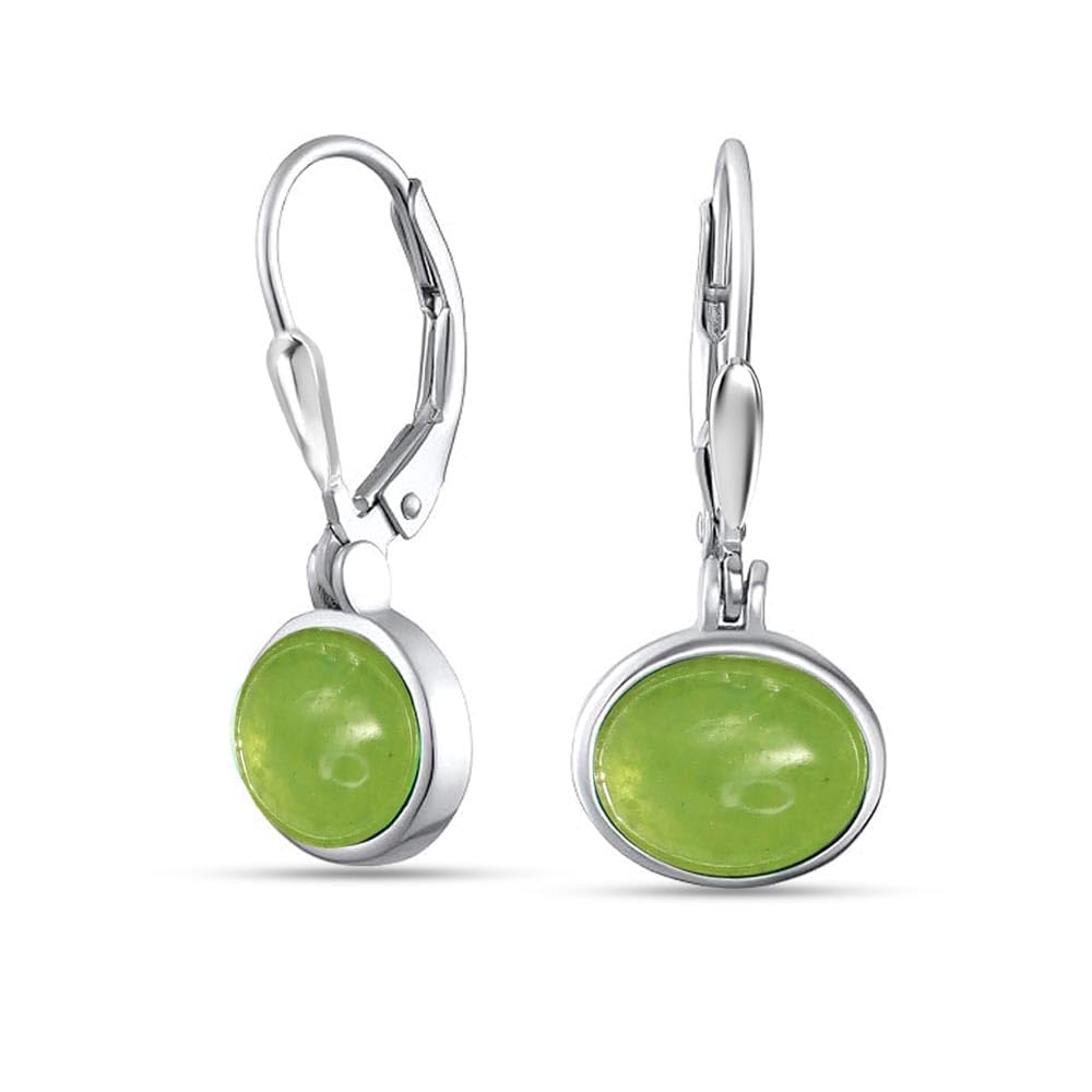 LeCalla 925 Sterling Silver Bezel-Set Leverback Earrings | Green Jade Oval Gemstone Drop Earrings for Women 23MM