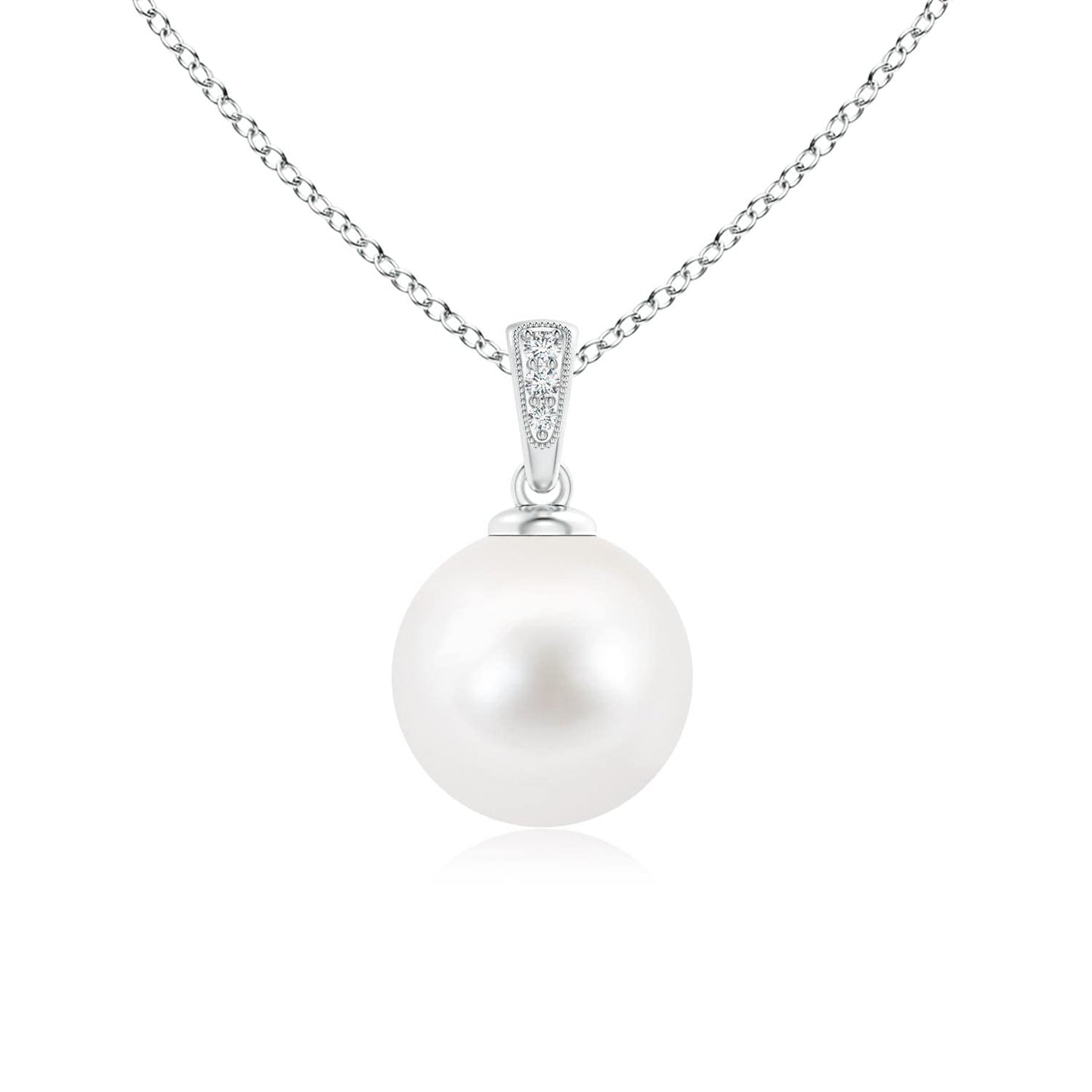 Angara Freshwater Pearl Solitaire Pendant for Women | 10mm Round Freshwater Cultured Pearl Diamond Solitaire Pendant Necklace in White Gold | June Birthday, Anniversary, Gemstone Jewelry Gift | AA