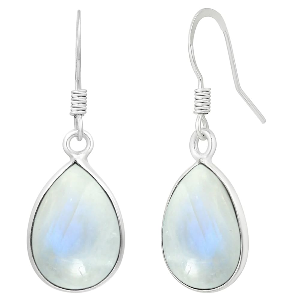 Natural Moonstone Sterling Silver Dangle Earrings for Women - White Stone June Birthstone Pear Shape Gemstone Handmade Drop Earrings - Gifts for Wedding Anniversary Valentien's day