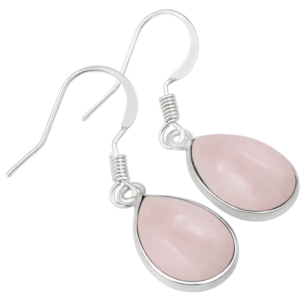 Natural Rose Quartz Sterling Silver Plated Dangle Earrings for Women - Pink Gemstone Teardrop Shape January Birthstone Handmade Drop Earrings Jewelry - Valentine's Day Gifts for Love