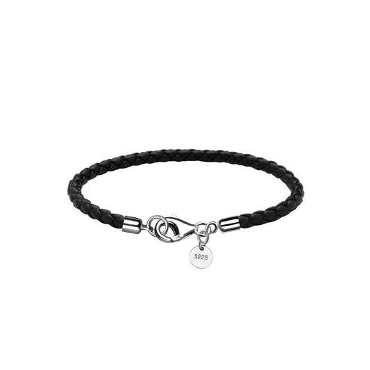 JEVINDA Leather Bracelet for Men Women 4MM Braided 925 silver Clasp 20/21cm with Jewelry Gift Box Handcrafted (Black, 8.2'')