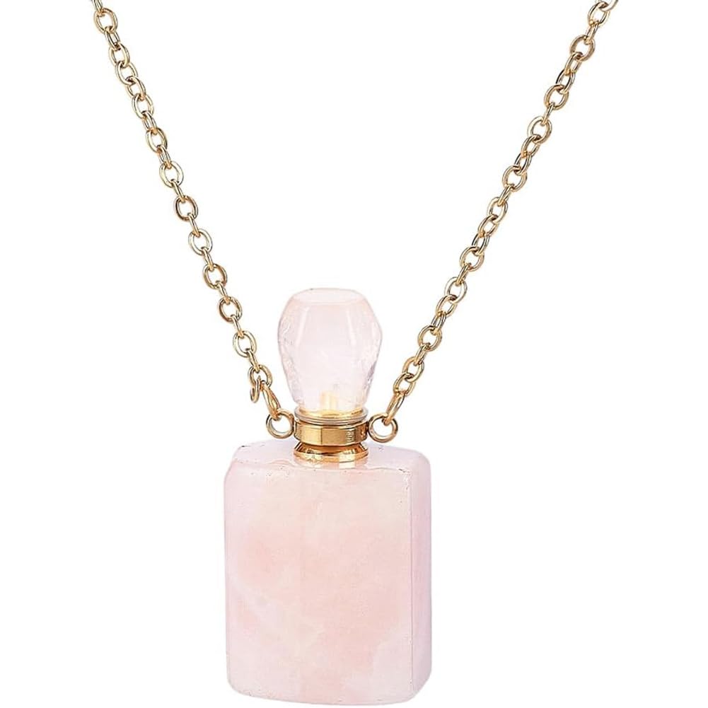 PH PandaHall Stone Perfume Bottle Necklace, Natural Rose Quartz Essential Oil Pendant Necklace Rectangle Crystal Vial Necklaces with Golden Chain for Women Jewelry, Pink, 1 Piece