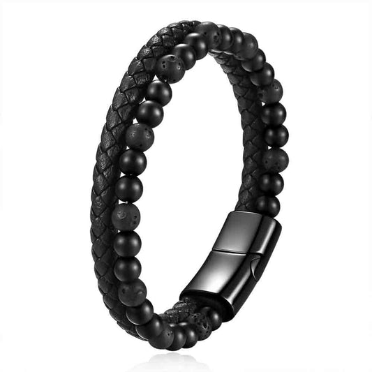 MYNENEY Stainless steel tiger eye stone cuff leather bracelet with bead, hand woven double-layer men's bracelet (Black, 9, Inches)