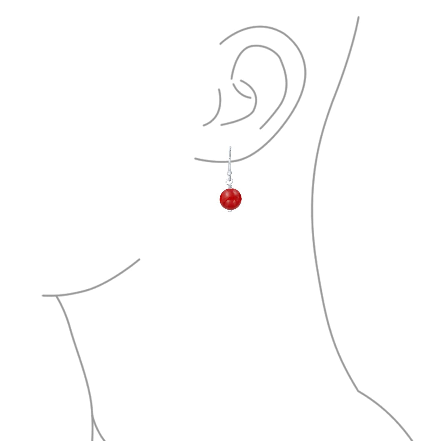 Bling Jewelry Timeless .925 Sterling Silver Red Carnelian Bead 8mm Ball Drop Earrings Fish Hook Genuine Gemstone