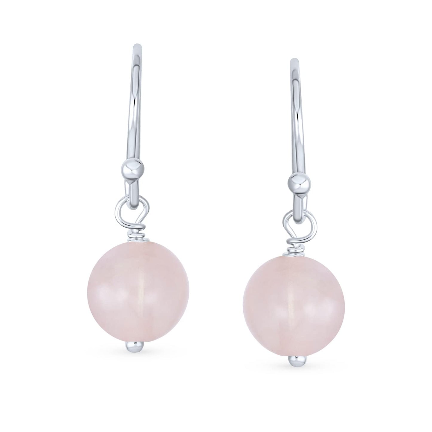 Bling Jewelry Timeless .925 Sterling Silver Light Pink Rose Quartz Bead 8mm Ball Drop Earrings Fish Hook Genuine Gemstone October Birthstone