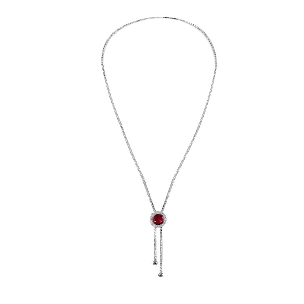 GemStar USA Sterling Silver Synthetic Ruby and White Topaz Round Halo Drop Adjustable Lariat Necklace