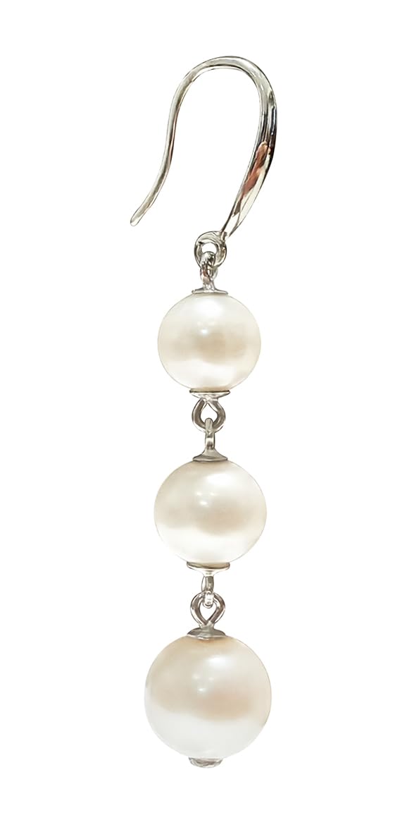Alevel Long Tassel 925 Sterling Silver Ear Hook, Natural Freshwater Cultured Pearl Earrings, 7-9mm Round White Pearls