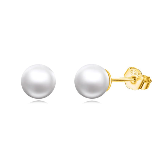 POPLYKE Sterling Silver Real Freshwater Cultured Pearl Stud Earrings for Women Gold Pearl Earrings Wedding Bridesmaids Anniversary（Yellow Gold）
