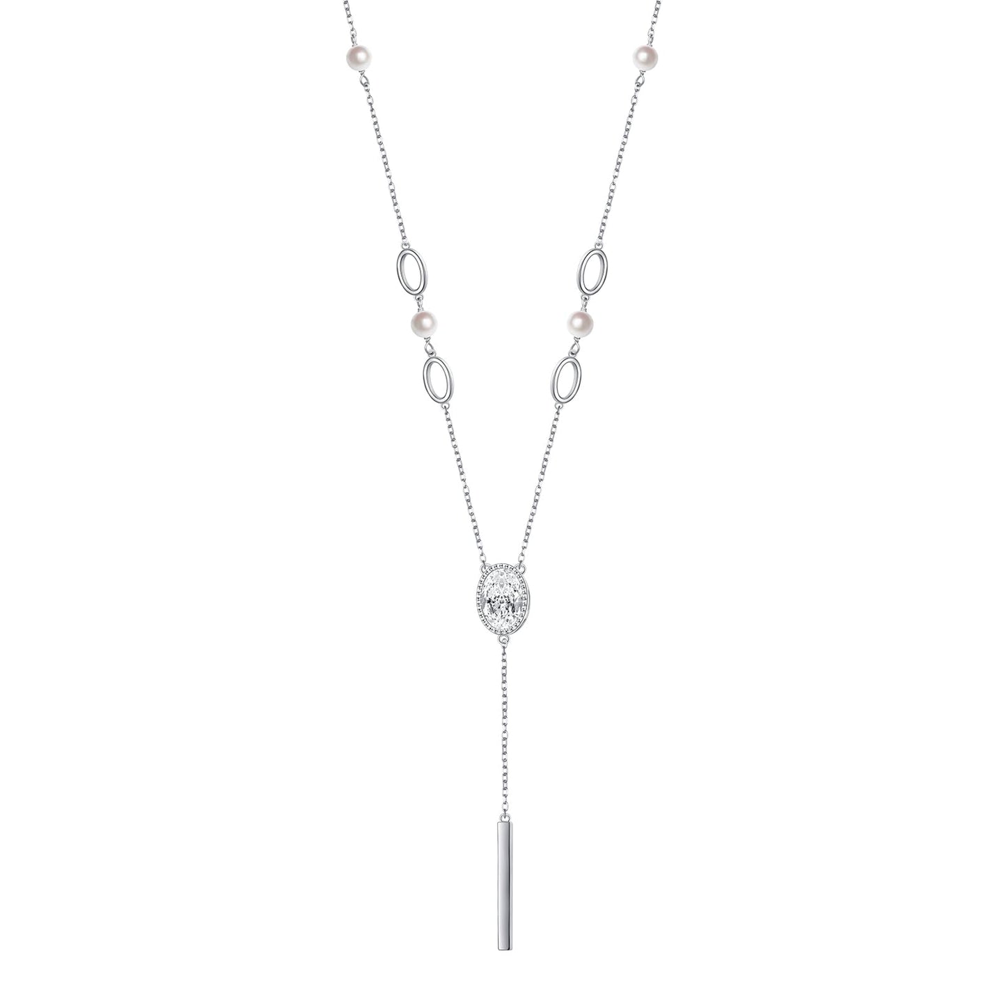 Oval Bar Bead Long Chain Sweater Necklace for Women S925 Sterling Silver Long Chain Oval Cubic Zirconia Synthetic Pearl Beads Large Pendant Sweater Y-Necklace for Women 26+2 inches