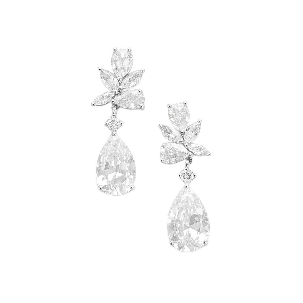 FRANKIE FASHIONS Pear Dangle Bridal Earrings for Women | Vintage Teardrop Wedding Earrings for Brides, Bridesmaid, Prom Jewelry | Silver Drop Earrings Cubic Zirconia Crystals (SIlver)