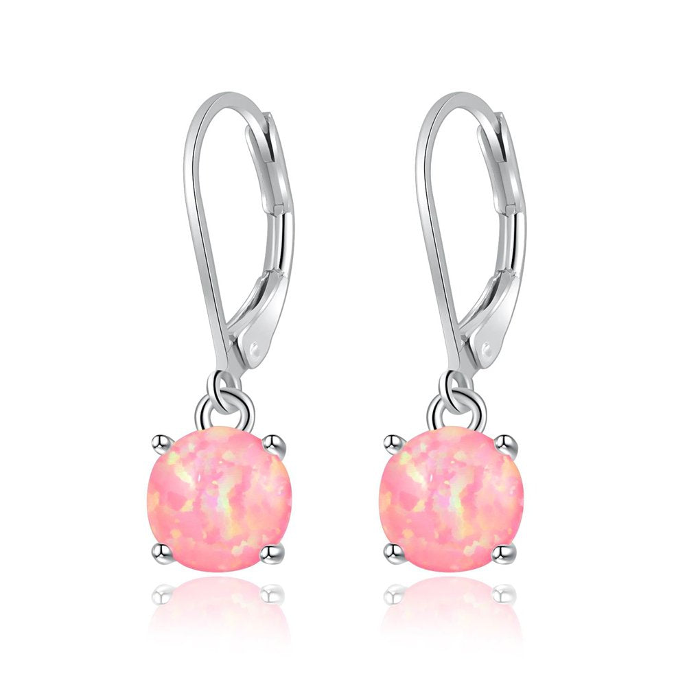 CiNily Round-Cut Opal Dangle Earrings, Pink Fire Opal Rhodium Plated Women Jewelry Leverback Gemstone Small Drop Earrings