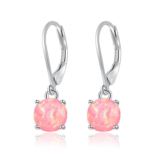 CiNily Round-Cut Opal Dangle Earrings, Pink Fire Opal Rhodium Plated Women Jewelry Leverback Gemstone Small Drop Earrings