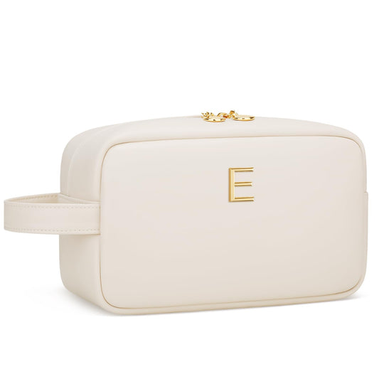 CLOUDWINGS Personalized Gifts for Women Girls - Customized Gifts for Mom Bridesmaid Graduation Friend, Initial Makeup Bag Cosmetic Bag with Large Capacity, PU leather Travel Toiletry Bags (Beige, E)
