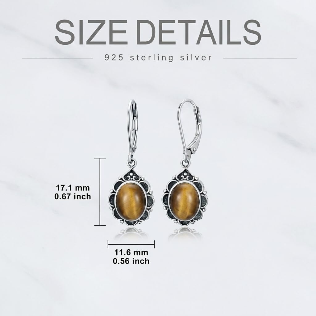 Tiger Eyes Drop Earrings for Women 925 Sterling Silver Vintage Oval 9x7mm Filigree Leverback Dangle Earrings, Gothic Victorian Antique Jewelry Gifts