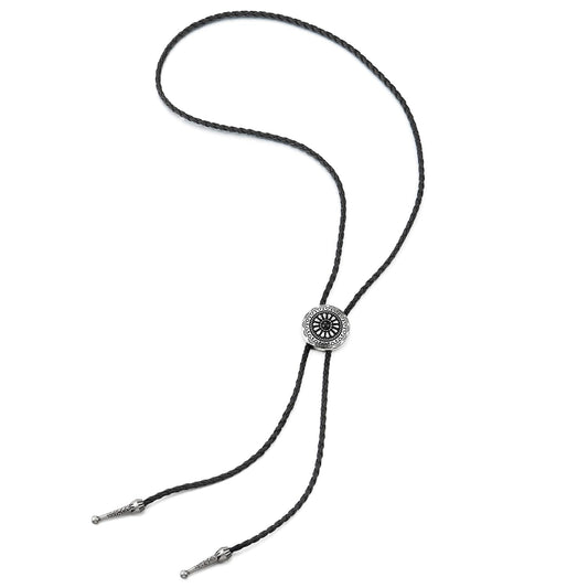 COOLSTEELANDBEYOND Vintage Medallion Sunburst Pattern Bolo Tie Necktie, Lariat Rodeo Y Necklace, Black Braided Leather
