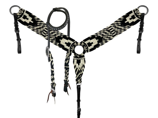 Showman Black & White Mohair Single Ear Headstall & Breast Collar Set