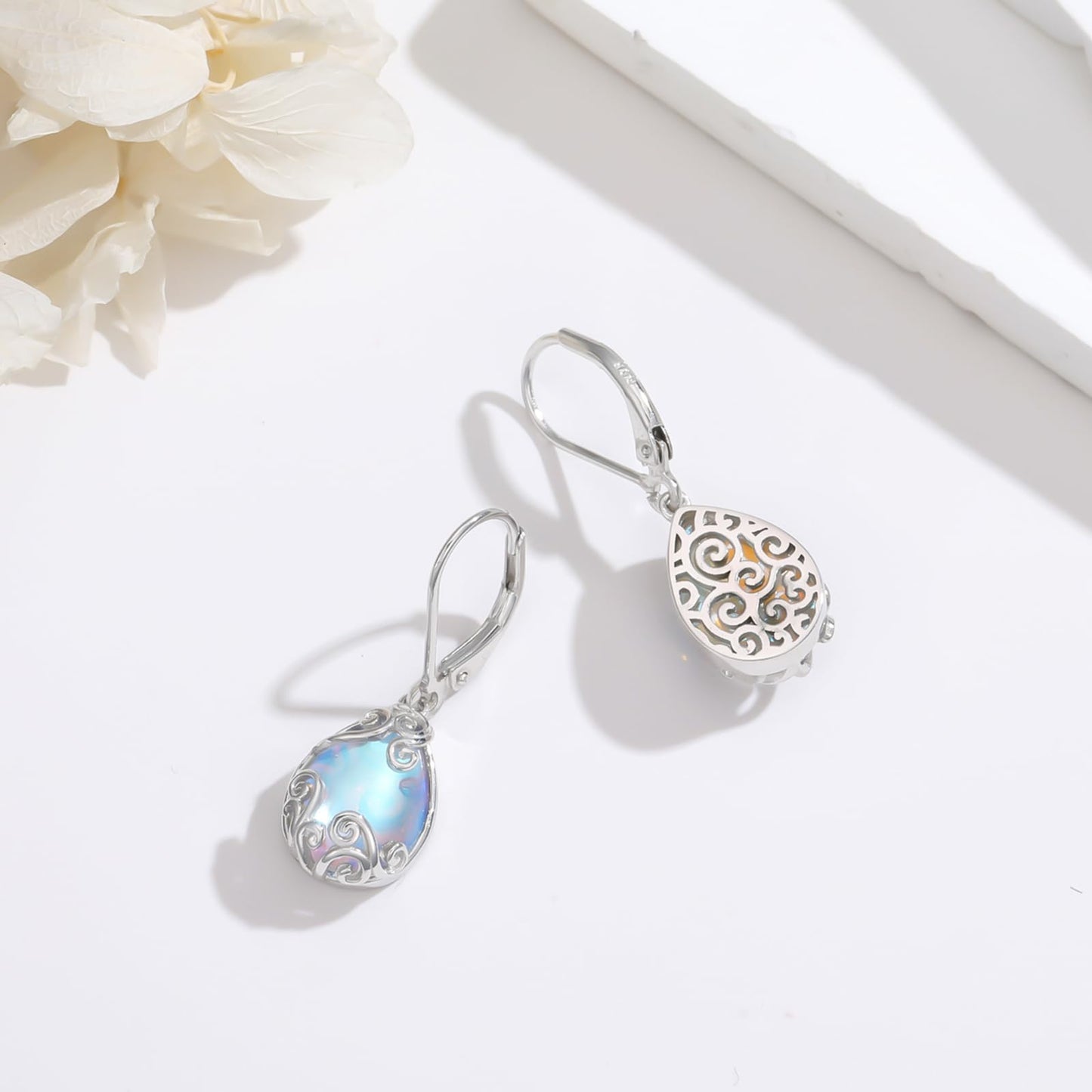 KoyeKei Filigree Moonstone Leverback Earrings for Women 925 Sterling Silver Moonstone Teardrop Dangle Drop Earrings Jewelry Filigree Anniversary Graduation Gifts for Girlfriend Her Lover