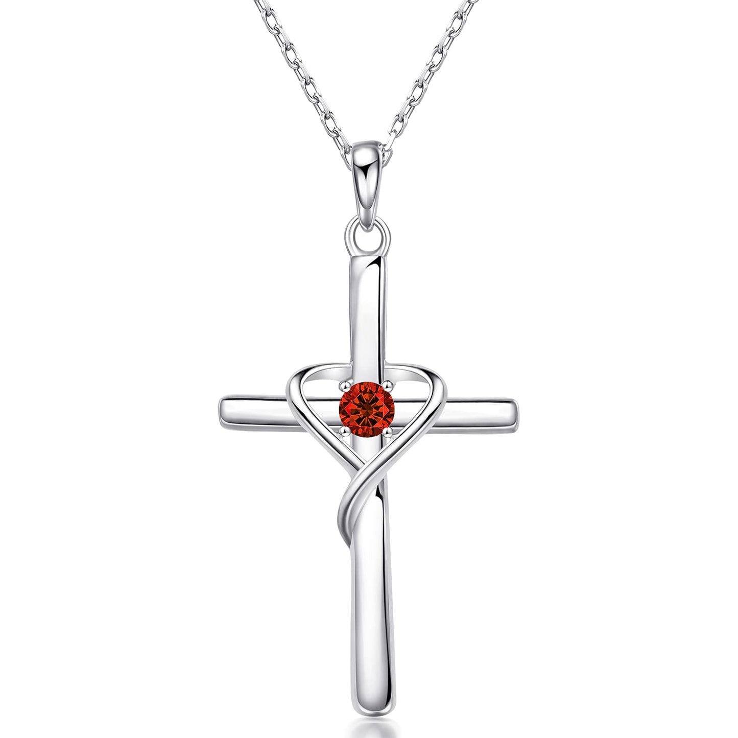 AmorAime 925 Sterling Silver Cross Necklace for Women Men 14K Gold Plated 5A CZ Birthstone Necklaces for Holiday (A.Red-Garnet-January)