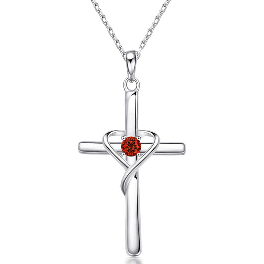 AmorAime 925 Sterling Silver Cross Necklace for Women Men 14K Gold Plated 5A CZ Birthstone Necklaces for Holiday (A.Red-Garnet-January)