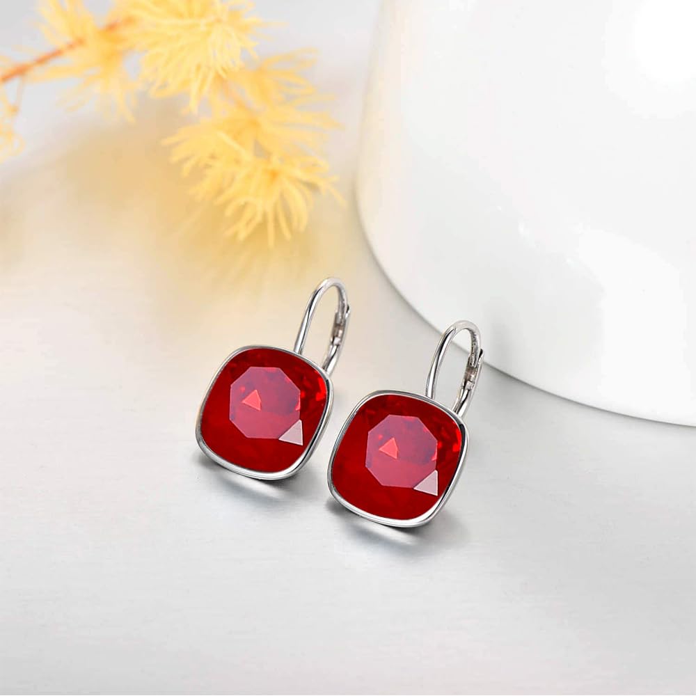 AOBOCO Sterling Silver Leverback Earrings Embellished with Crystals from Austria, Hypoallergenic Cushion Cut Square Crystal Earrings, Fine Anniversary Birthday Jewelry Gifts for Women (Burgundy)