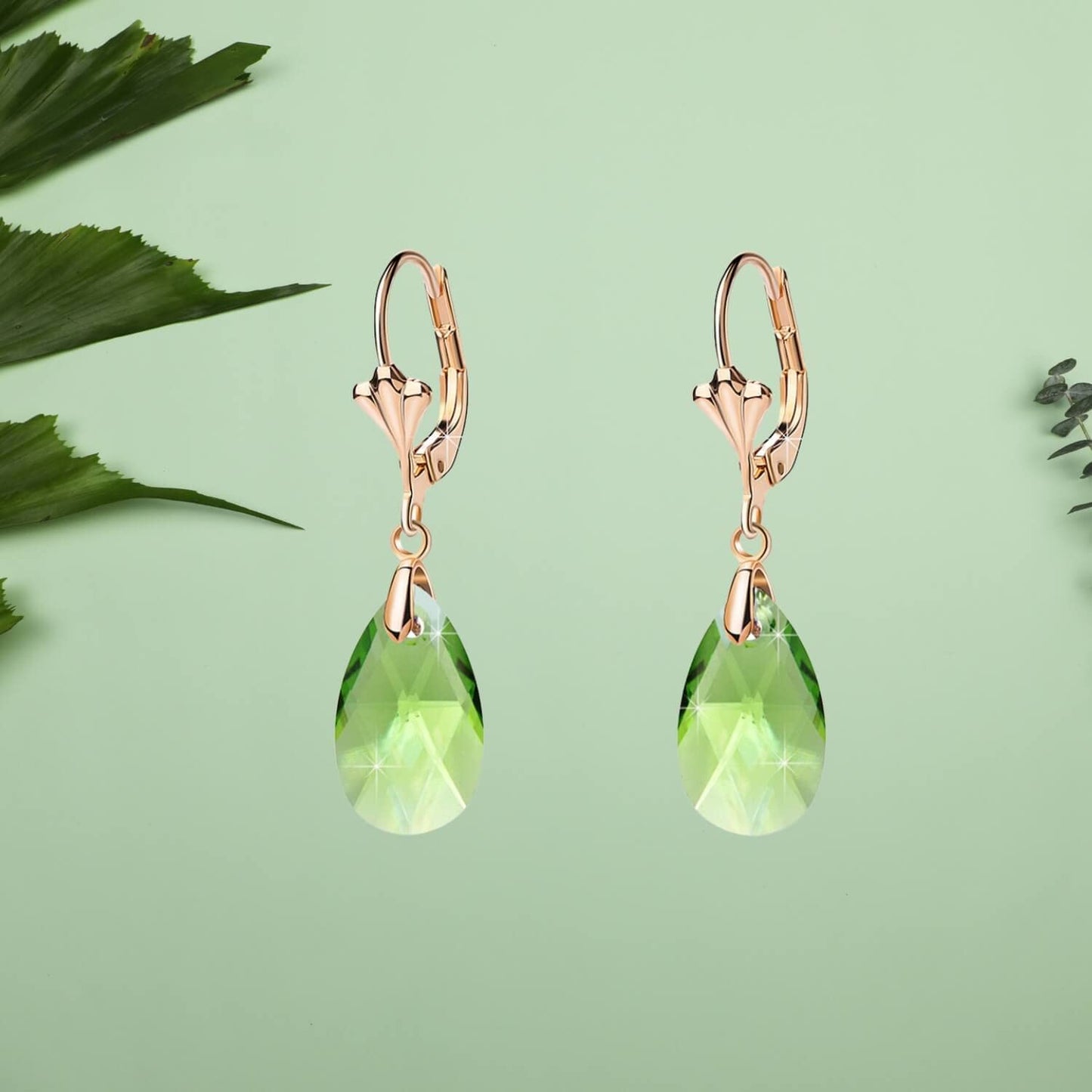 Austrian Crystal Teardrop Leverback Dangle Earrings for Women Fashion 14K Gold Plated Hypoallergenic Jewelry (Green)