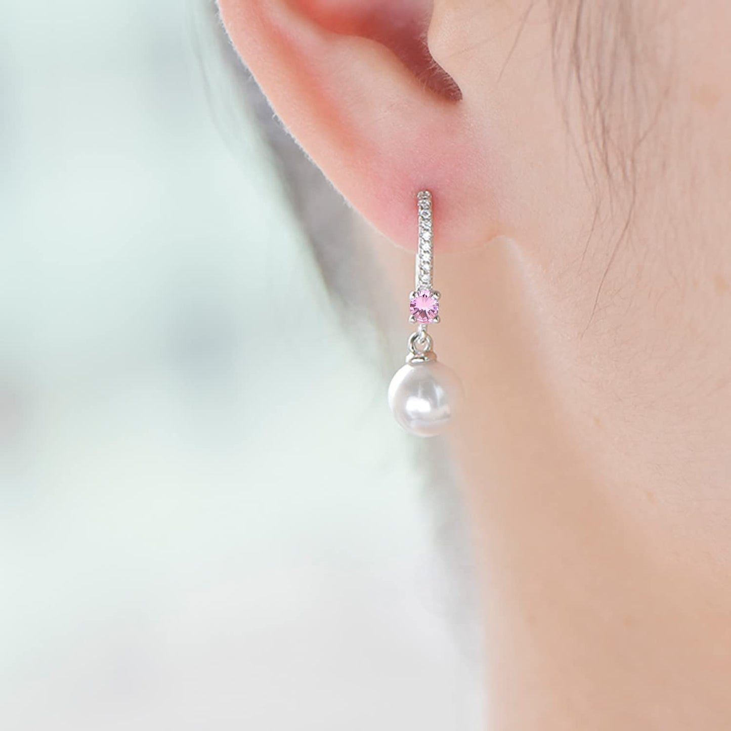 JO WISDOM Pearl Earrings,925 Sterling Silver 3A CZ March Birthstone Aquamarine Color 8mm Pearl Leverback Drop Earrings,Jewelry for Women