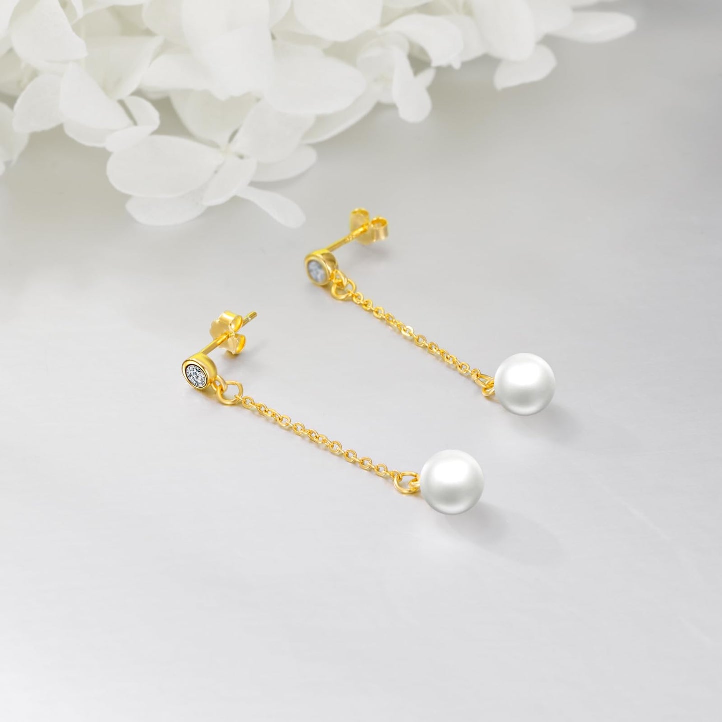 POPLYKE Pearl Drop Earrings Sterling Silver Threader Pearl Long Chain Earrings Jewelry Gifts for Women Wedding Bridesmaids(Yellow Gold)