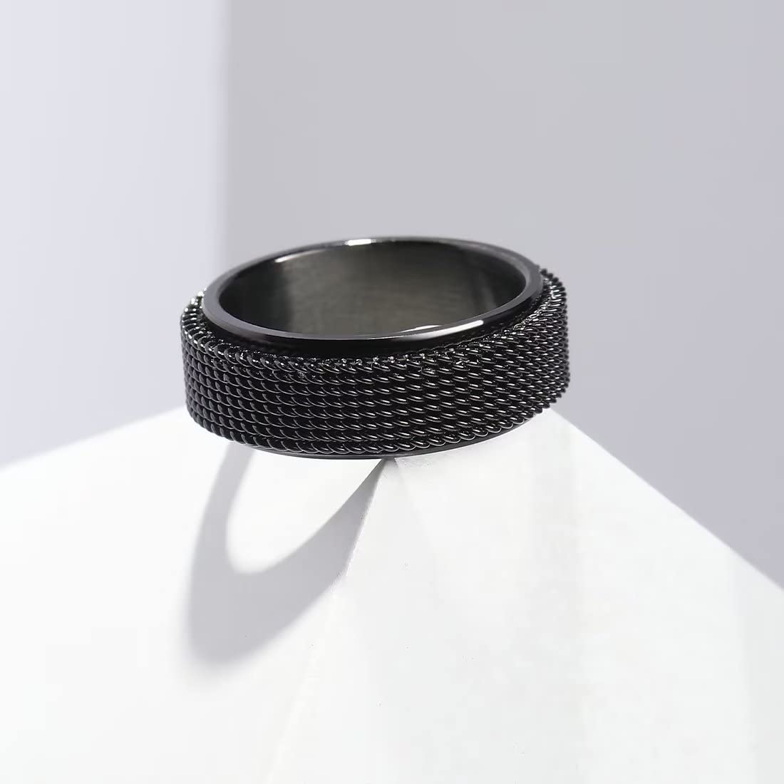 King Will Black 8mm Stainless Steel Chain Mesh Simple Plain Spinner Anxiety Ring for Women Men Wedding Band Ring Fidget Ring Mesh Chain Woven Mesh 10