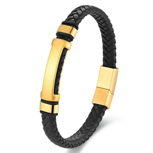 MYNENEY Stainless steel tiger eye stone cuff leather bracelet with bead, hand woven double-layer men's bracelet (Brand-Gold, 9, Inches)