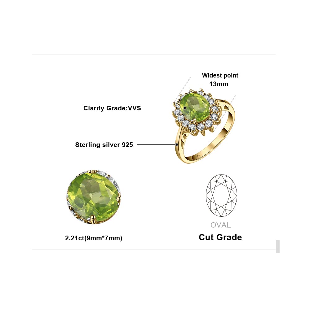 JewelryPalace Princess Diana Kate Middleton Gemstone Birthstone Genuine Peridot Halo Statement Engagement Rings for Women, 14K Yellow Gold Plated 925 Sterling Silver Promise Rings for Her Size 10.5