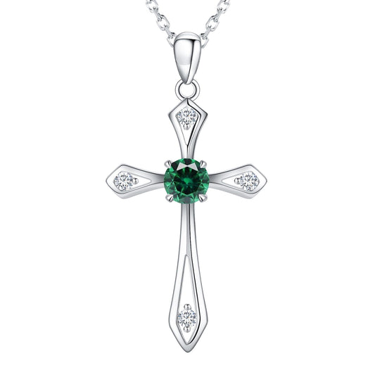 Cross Necklace for Women ,925 Sterling Silver Emerald-May Birthstone Necklace Cross Pendant 5A CZ 12 Birth Months Faith Religious Fine Jewelry Valentines Birthday Holiday Gifts for Her Wife Mom