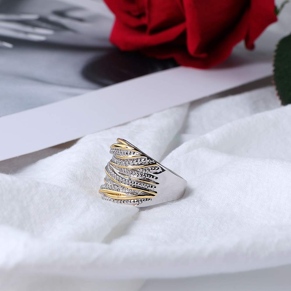 Mytys 2 Tone Intertwined Crossover Statement Ring Fashion Chunky Band Rings for Women Black Gold Silver Rose Gold Plated Wide Index Finger Rings Costume Jewelry (Gold and silver, 9)