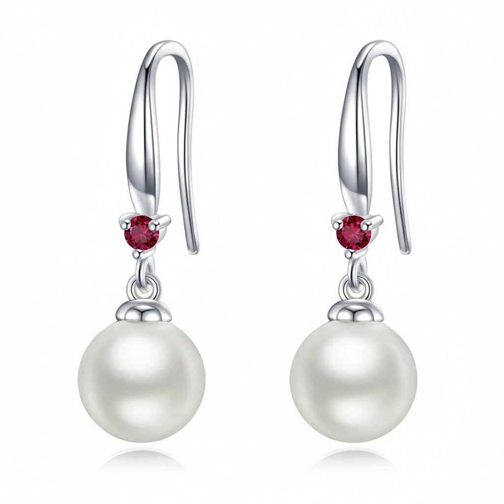 925 Sterling Silver Pearl Leverback Earrings Dangle Drop Birthstone Jewelry Gifts for Women (White Pearl-July)