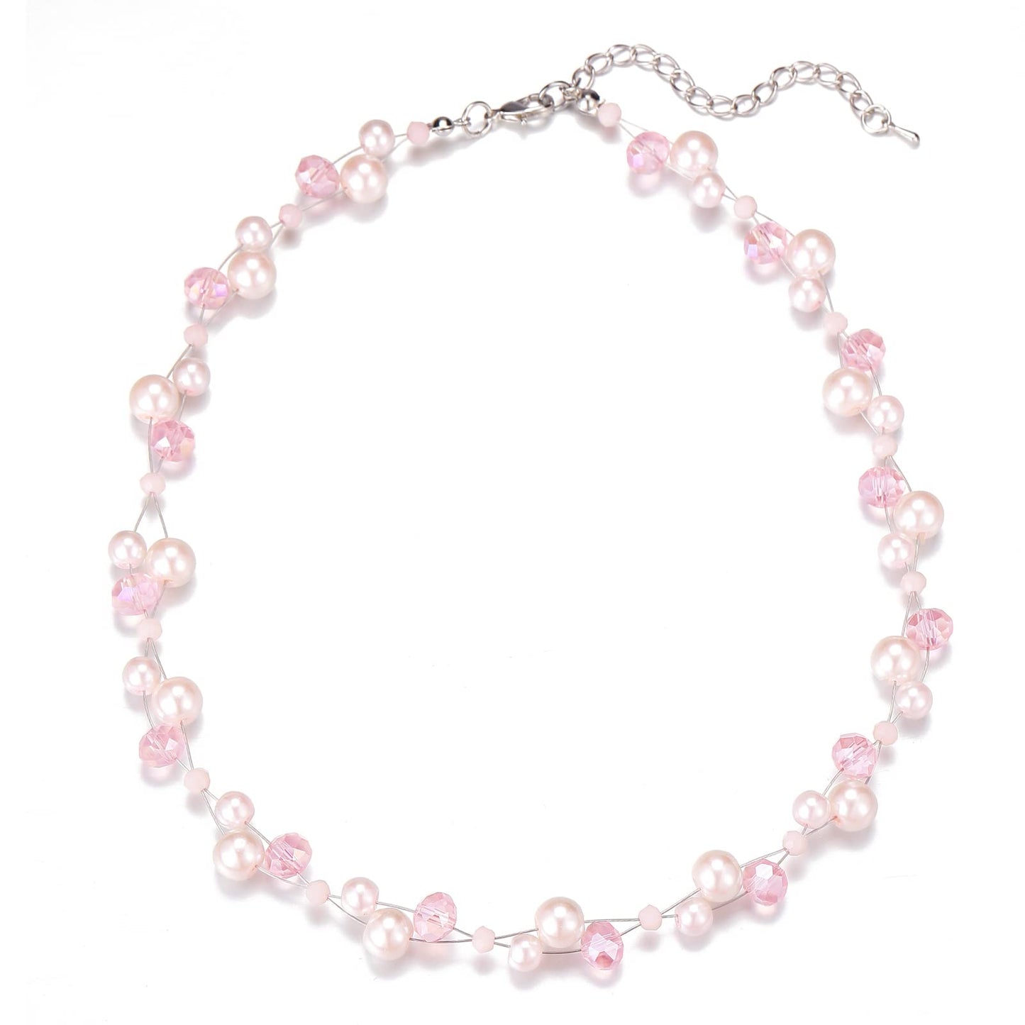 Short Beaded Turquoise Necklace For Women - Fashion Jewelry with Pearl and Crystal Bead, Birthday Gifts For Women (27-light pink)