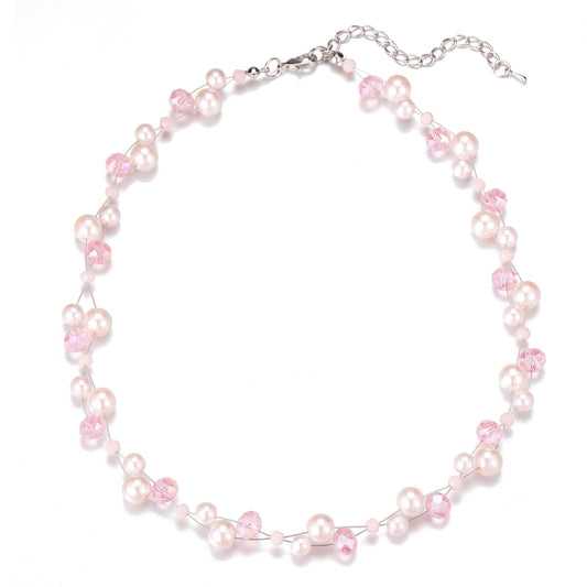 Short Beaded Turquoise Necklace For Women - Fashion Jewelry with Pearl and Crystal Bead, Birthday Gifts For Women (27-light pink)