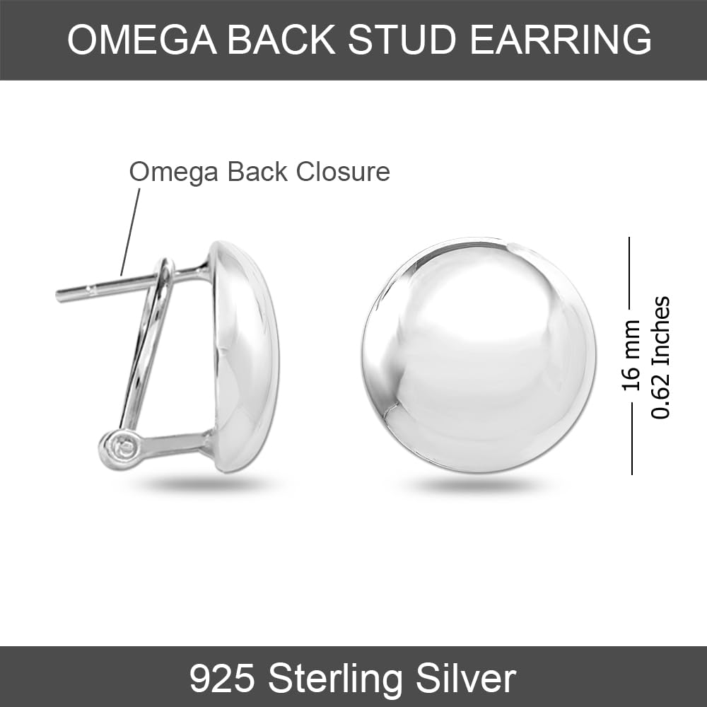 LeCalla 925 Sterling Silver Omega Back Earrings Jewelry Large Italian Design Round Dome Button Omega-Clip Back Stud Earring for Women 16 MM