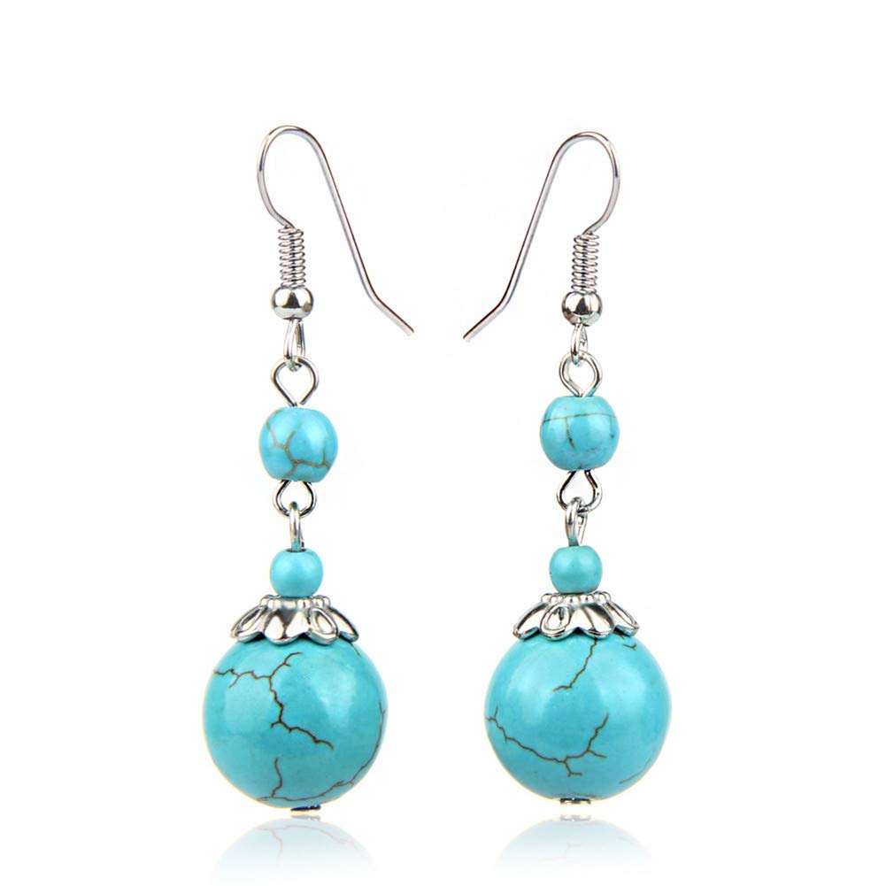 Turquoise Earrings Natural Stone Round Bead Ball Dangle Earrings for Women Fashion Jewelry Gift (J:blue)