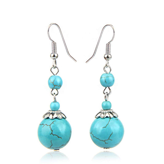 Turquoise Earrings Natural Stone Round Bead Ball Dangle Earrings for Women Fashion Jewelry Gift (J:blue)