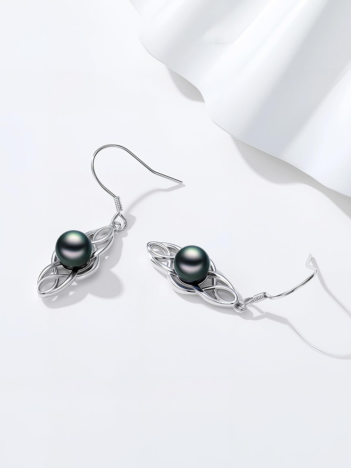 KANNSOAR Tahitian Black Pearl 18K AAAA White Gold Plated Sterling Silver Celtic Knot Dangle Drop Earrings for Women Wife Mom Girlfriend Her Jewelry Gift for Anniversary Birthday Christmas