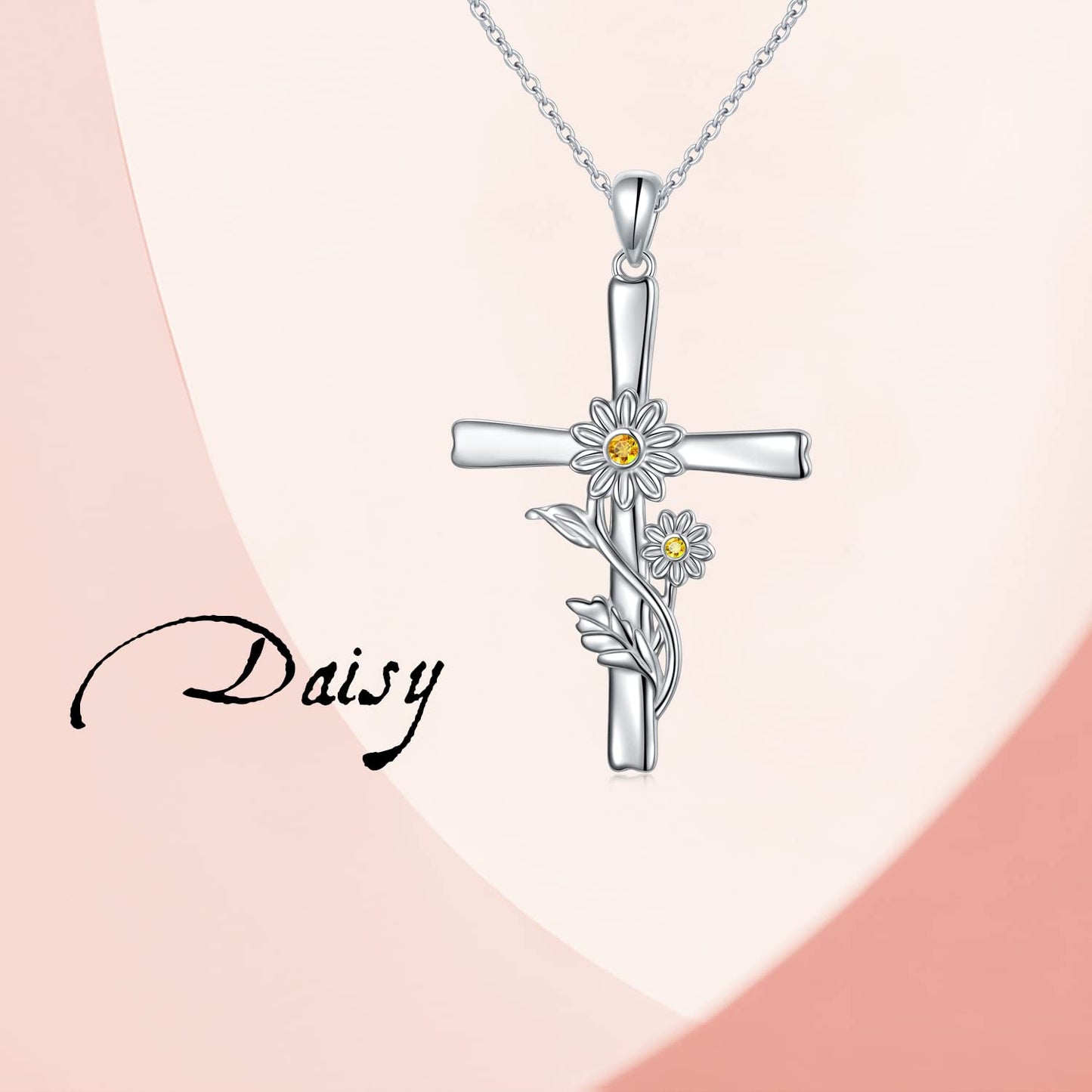 HOOHWE Daisy Cross Necklace, 925 Sterling Silver Cross Necklace Dainty White Daisy Flower Pendant Necklace Birth Month Flower Jewelry Anniversary Birthday Gifts for Women Sister Daughter Mom Wife