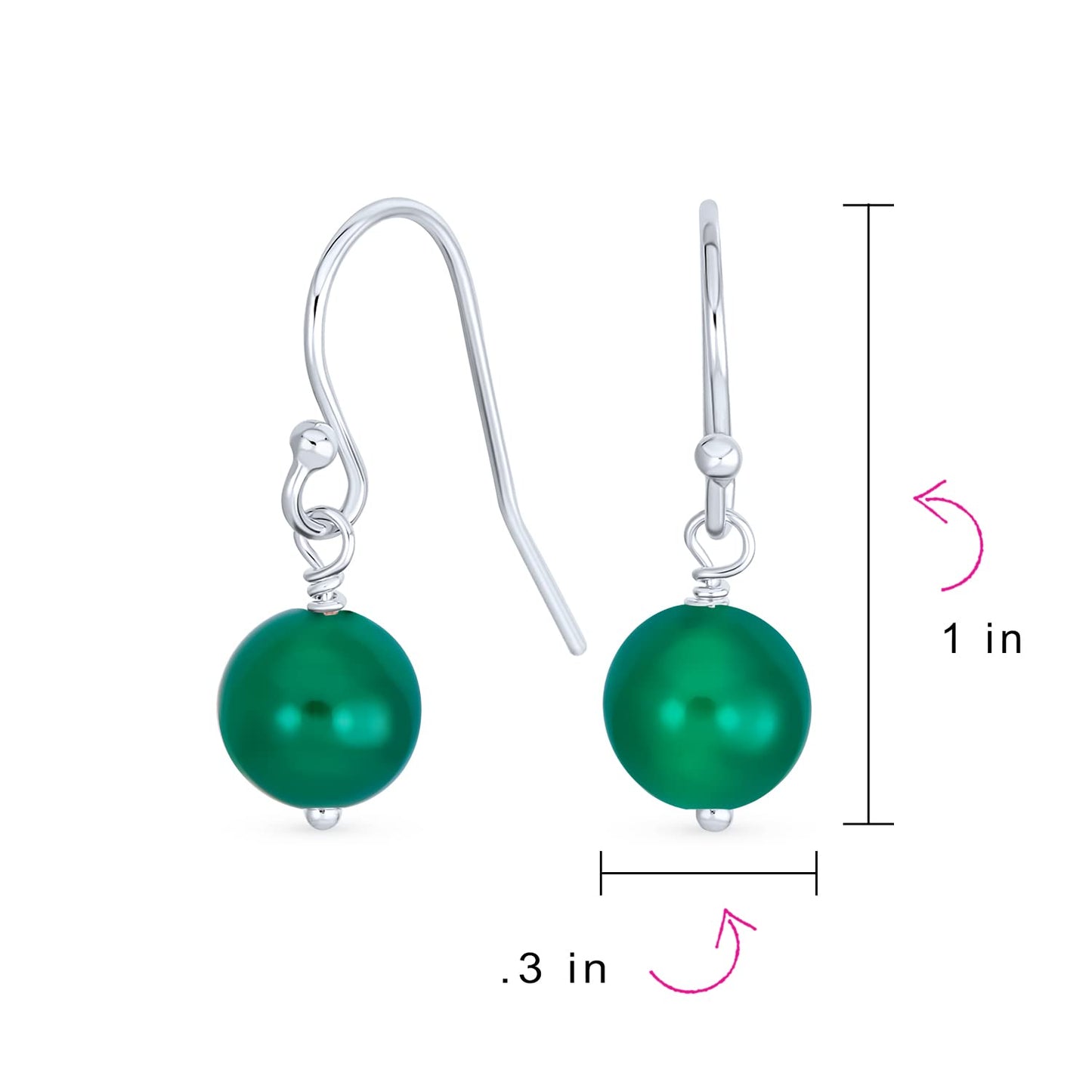 Bling Jewelry Timeless .925 Sterling Silver Green Agate Bead 8mm Ball Drop Earrings Fish Hook Genuine Gemstone May Birthstone
