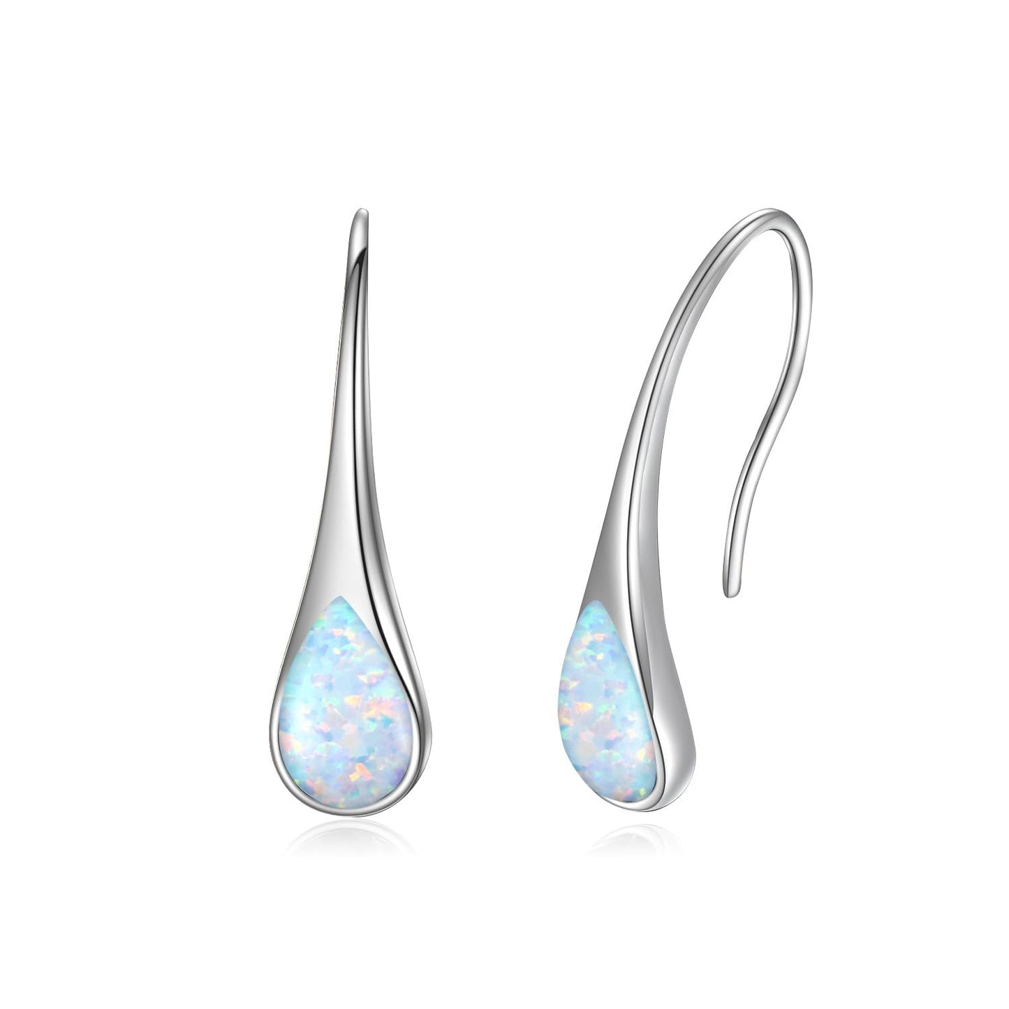 925 Sterling Silver Pear-Shaped Hook Earrings with Simulated White Opal, Teardrop October Birthstone Jewelry Gifts for Women Wife Mom