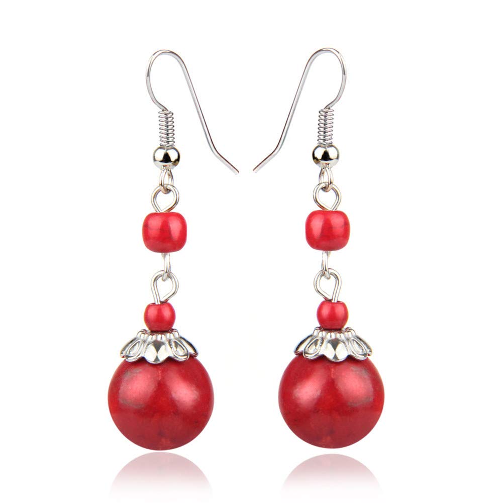 Double Turquoise Drop Earrings Natural Stone Round Bead Ball Dangle Earrings for Women Fashion Jewelry Gift (K:red)