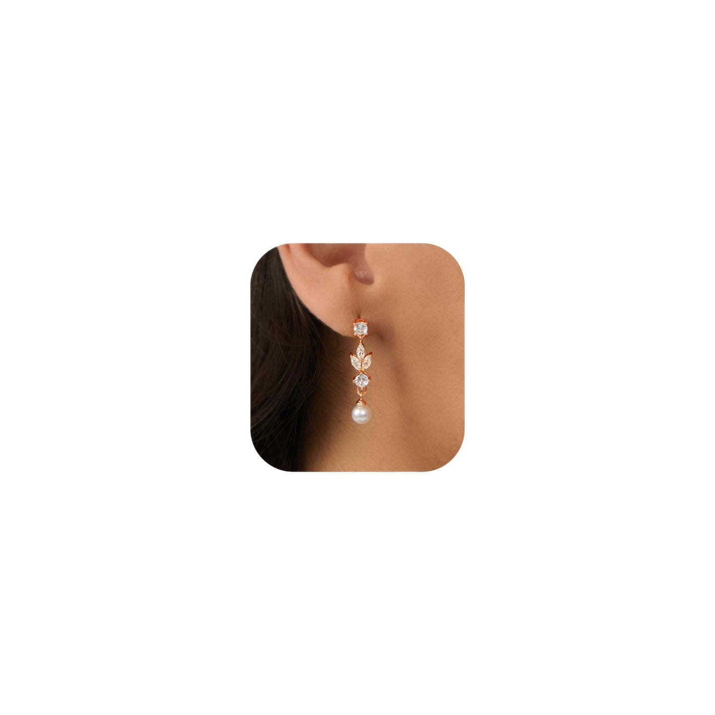 PRTGL Pearl Earrings: 14k Rose Gold Plated Cubic Zirconia Accented Pearl Dangle Wedding Engagement Earrings For Women Bridal Bridesmaid (Leaf Designed)